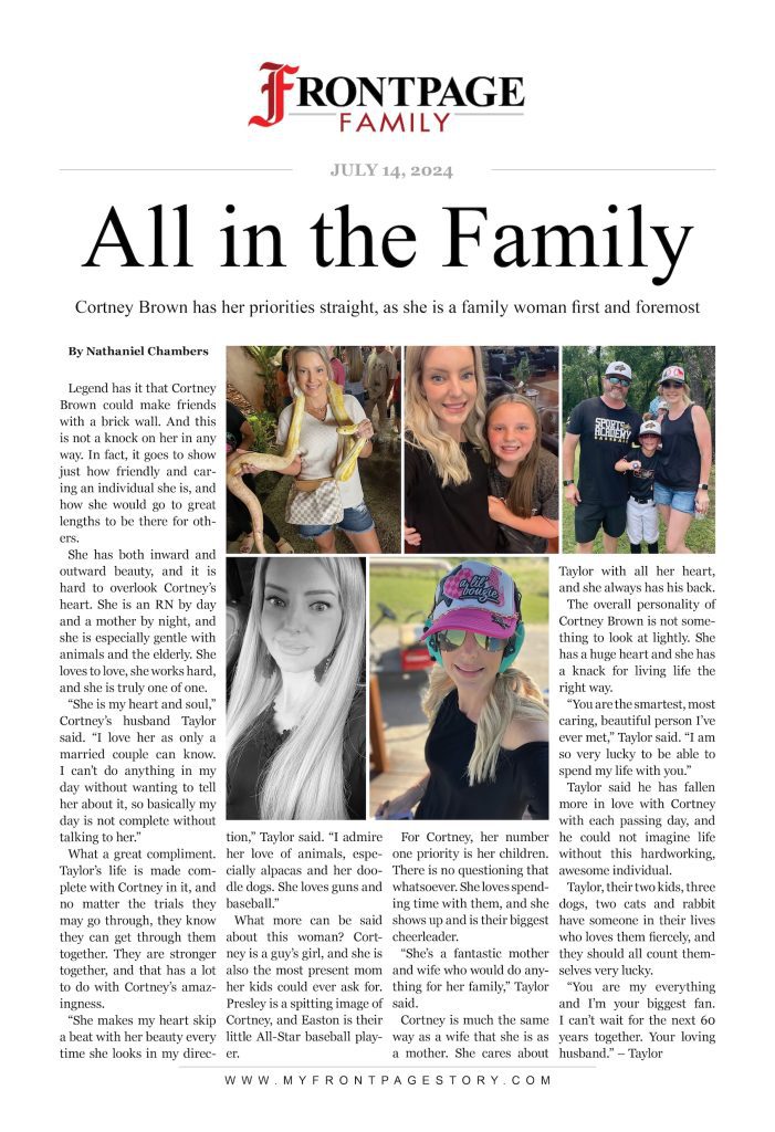 Cortney Brown's personalized newspaper article titled 'All in the Family'