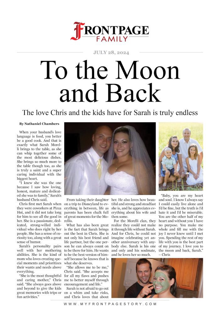 Sarah Morelli's personalized anniversary newspaper titled "To the Moon and Back"