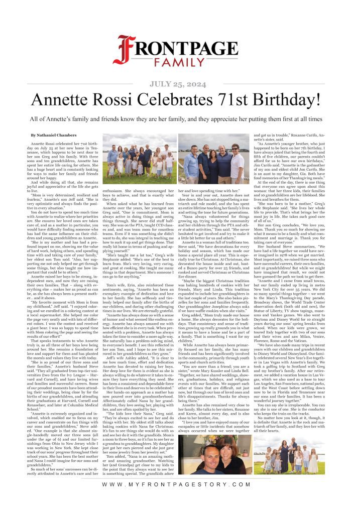 Annette Rossi's custom birthday newspaper article