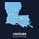 baby blue map of Louisiana broken down by city showing off the state capital in white - History of Louisiana blog post