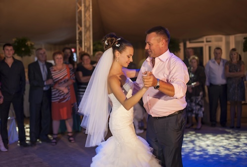 Ukraine, Odessa 07.09.2013. Beautiful bride daughter is dancing with her father in the circle of guests at her wedding