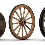 History of the Wheel blog post - Illustration showing the evolution of the wheel starting from a stone wheel and ending with a steel belted radial tire. Shot on a white background. - Maritime Museum, Dubrovnik — Stock Editorial Photography