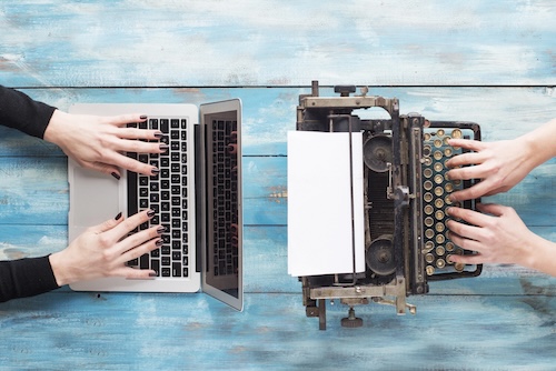 History of Computers blog post - Old typewriter and laptop — Old typewriter and laptop. Concept of technology progress