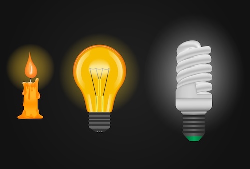 History of the lightbulb blog post - Candle, incandescent lamp, energy saving lamp . Lighting vector illustration