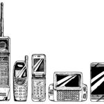 Evolution of the Smartphone blog post - Evolution set of mobile phone - Mobile phone evolution set. Vector illustration in ink hand drawn style. Mobile phone form factor: brick phone, bar phone, flip phone, wide slider phone, touchscreen smartphone.